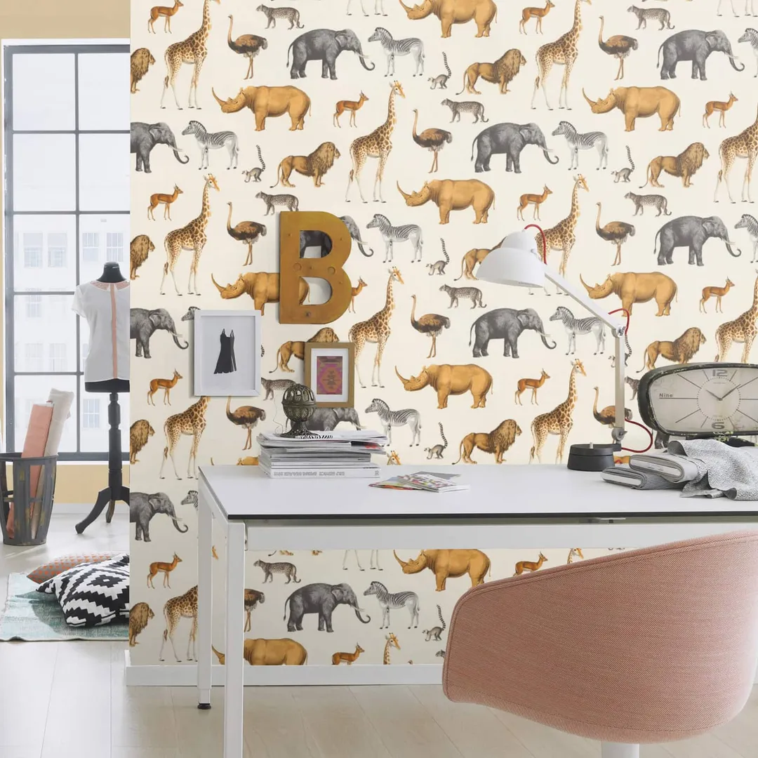 Fiaba - Carta parato con animali della giungla su trama effetto canvas