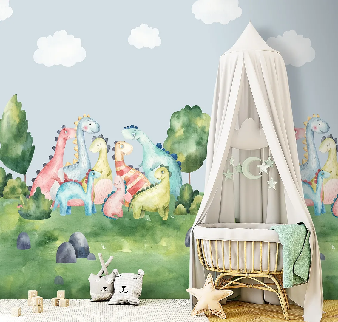 Cute Walls - Parato dinosari per camera bambino. Disegno ripetibile, dim. H2.80m x L2.12m