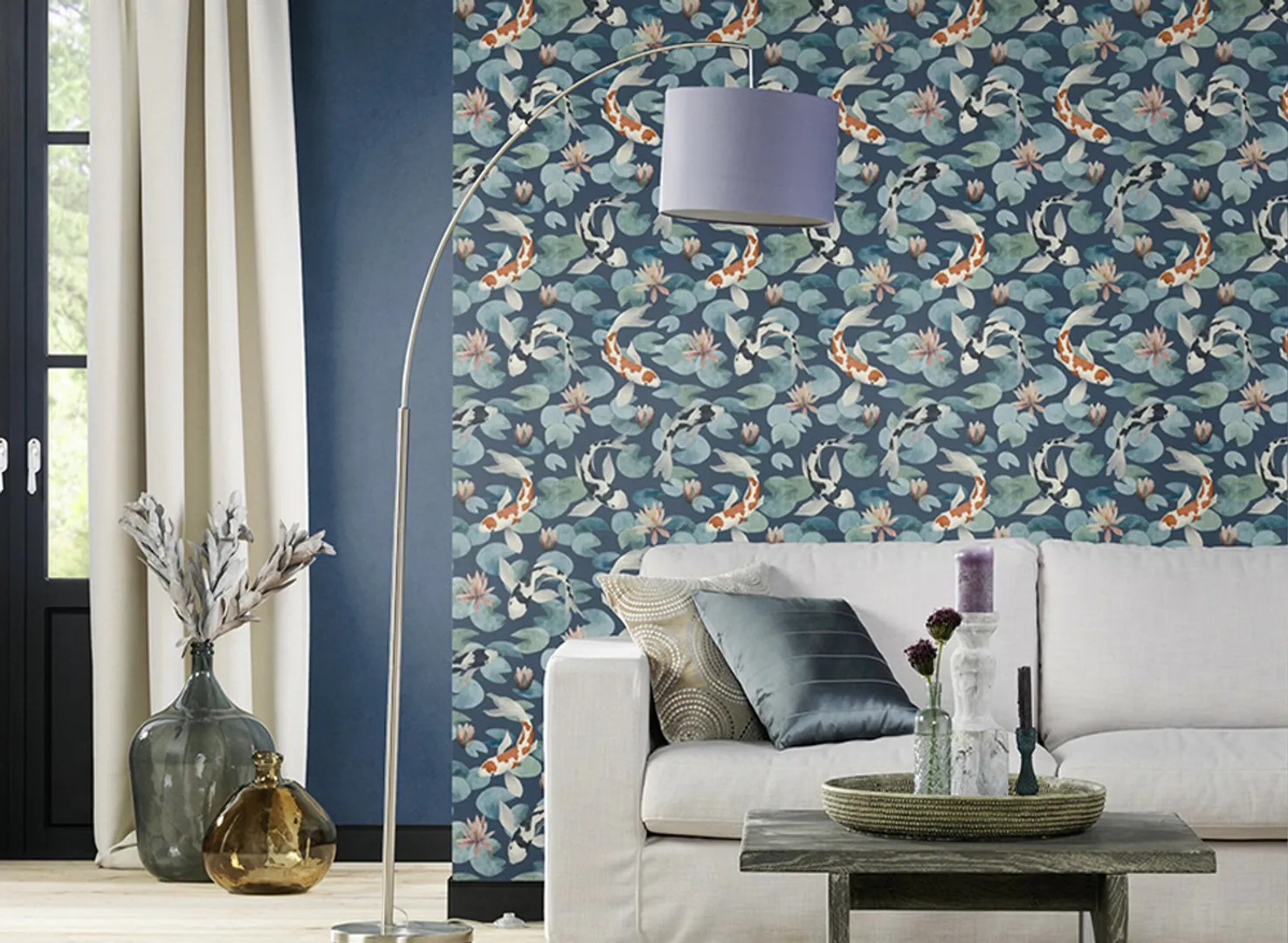 Haori - Carta parati carpe giapponesi floreale trama tessuto in vari colori