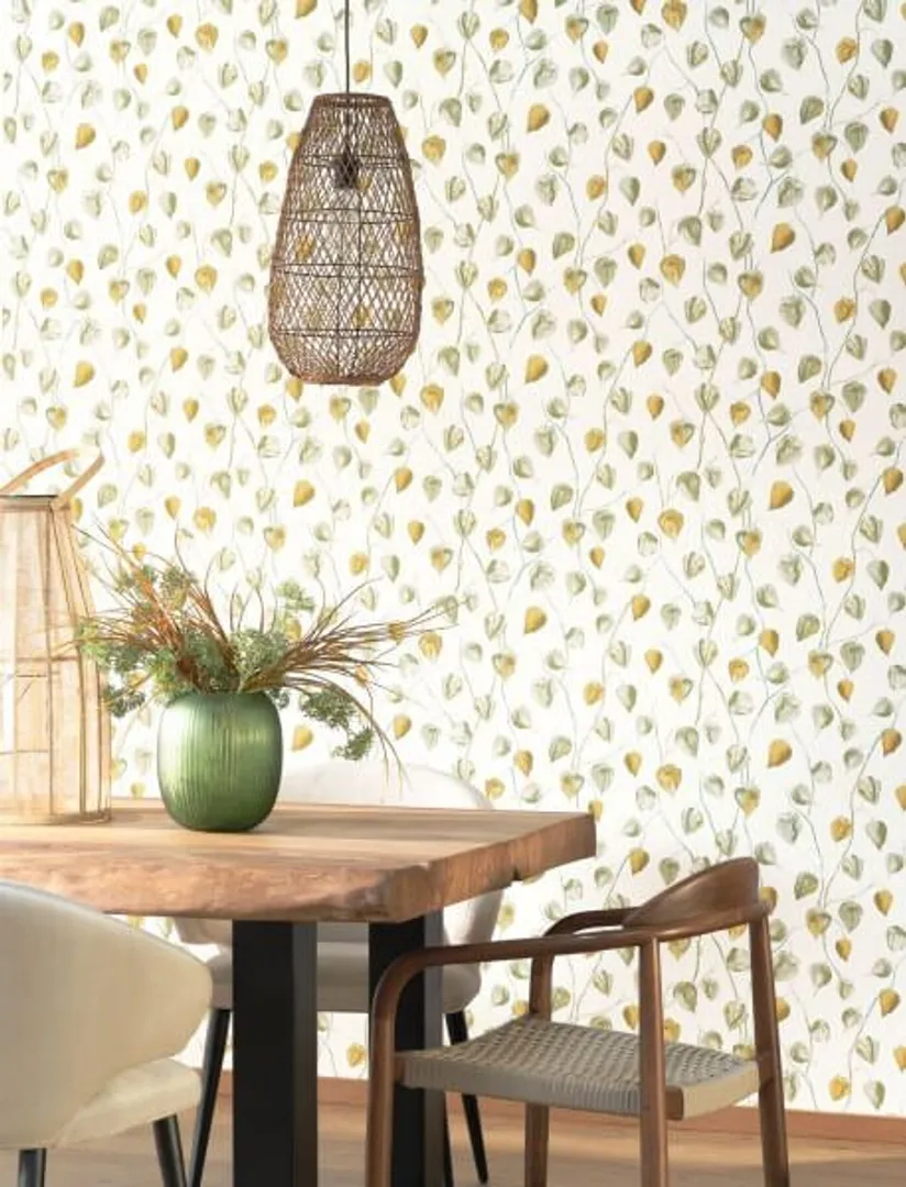 Ginkgo - Parato floreale con foglie e frutti giapponesi su trama effetto tessuto