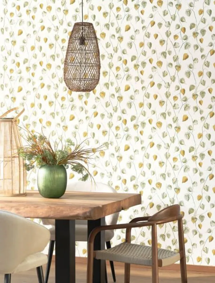 Ginkgo - Parato floreale con foglie e frutti giapponesi su trama effetto tessuto