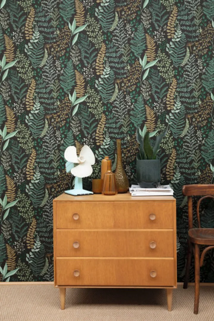 La Foret - Carta da parato foglie stile scandinavo con riflessi di luce
