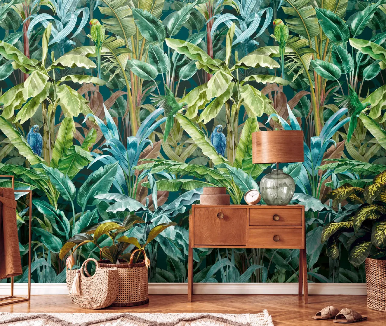 Fusion - Rivestimento murale tropicale verde e blu ottanio L1.59m x H2.80m