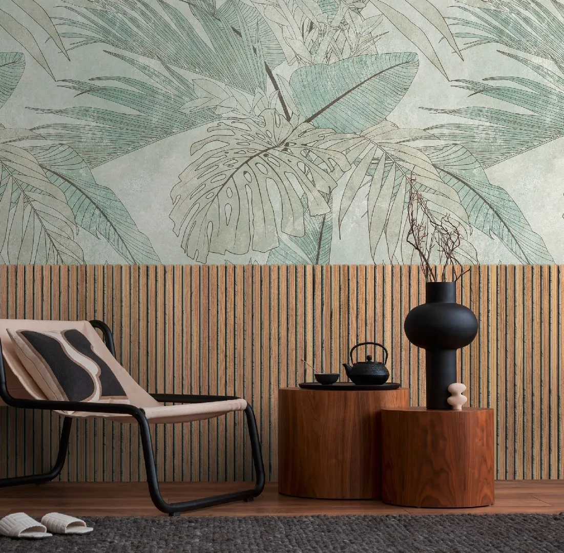 Unico - Parato tropicale su boiserie 3d ripetibile. Dimensione L1.59m x L2.80m
