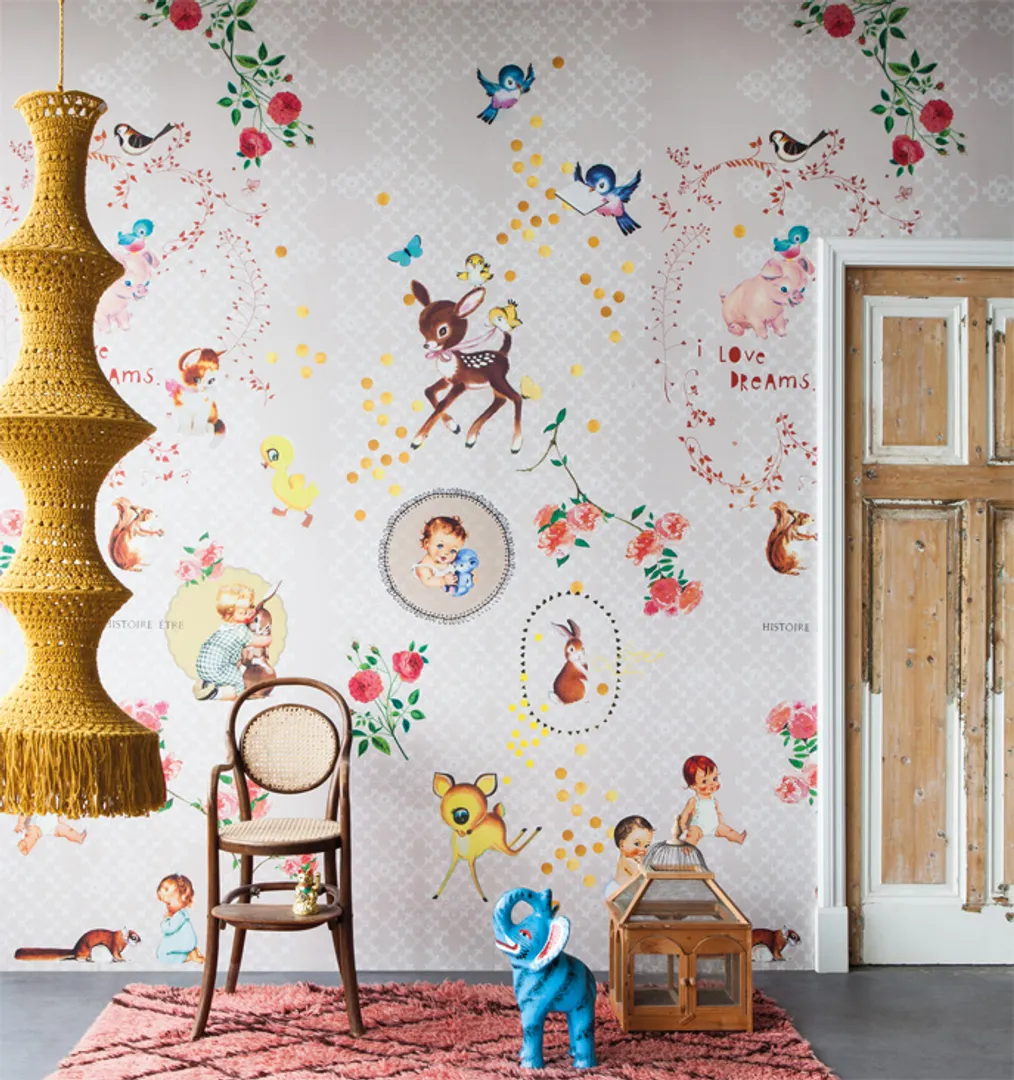 Fiaba - Parato vintage per camerette bambini. Dim. L2m x H3m in tnt