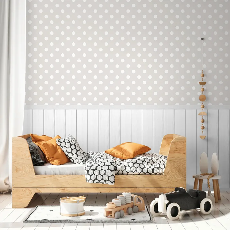 Outlet Unico - Parati camerette bambini a pois grigio con boiserie. Pz 6