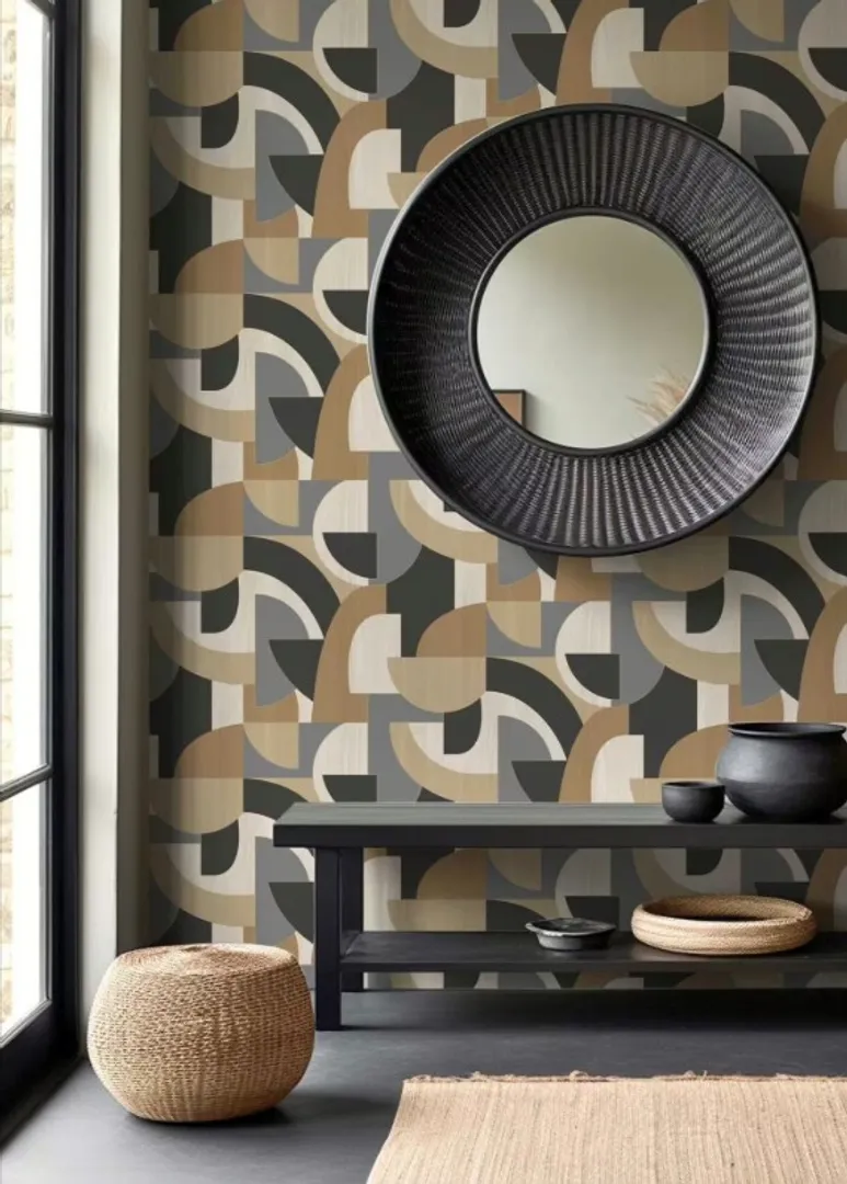 Alida - Parato astratto con colori caldi ed inserti oro. Marca Ideco