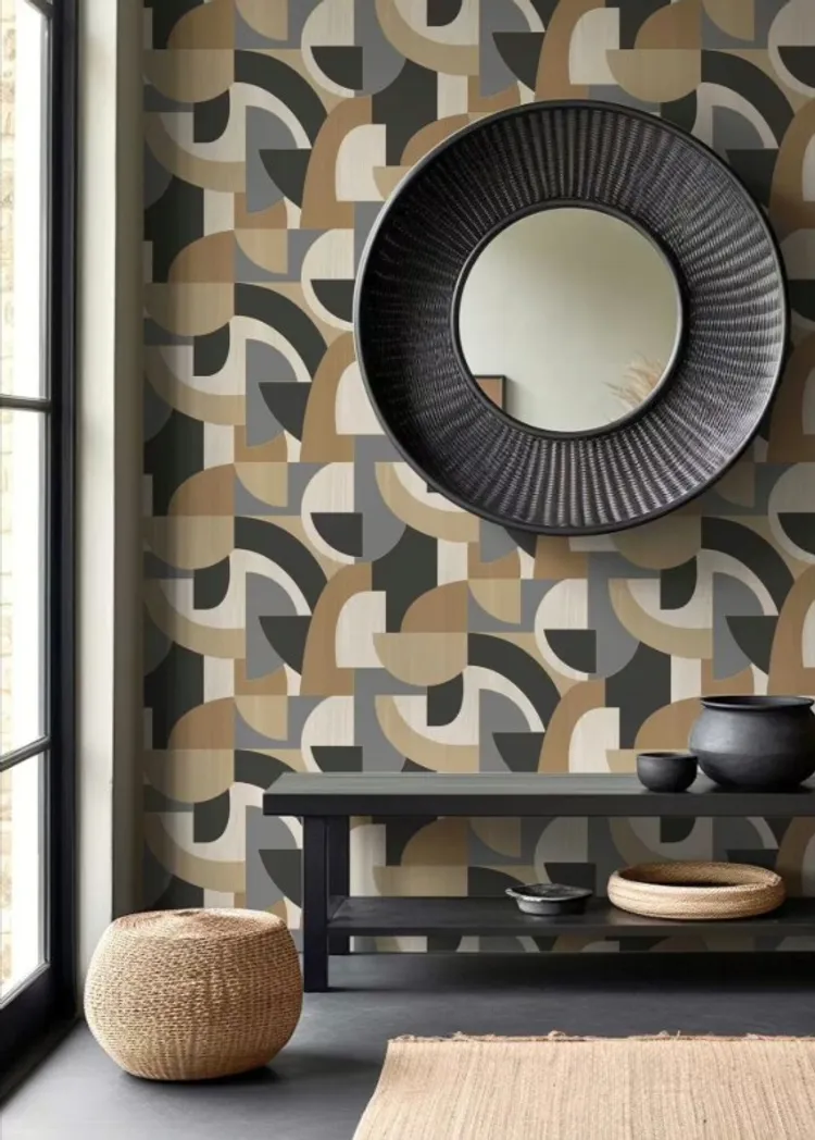 Alida - Parato astratto con colori caldi ed inserti oro. Marca Ideco