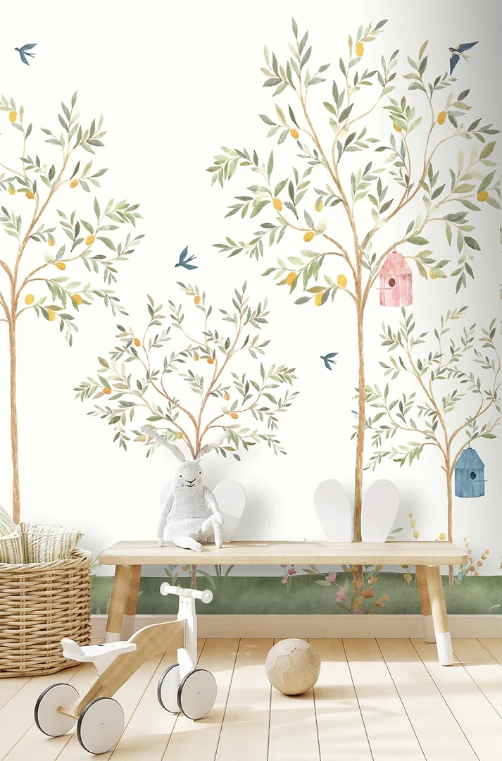 Cute Walls - Parato con alberelli di limoni e rondini per camerette. Ripetibile dim. H2.80m x L2.12m