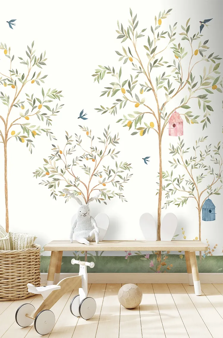 Cute Walls - Parato con alberelli di limoni e rondini per camerette. Ripetibile dim. H2.80m x L2.12m