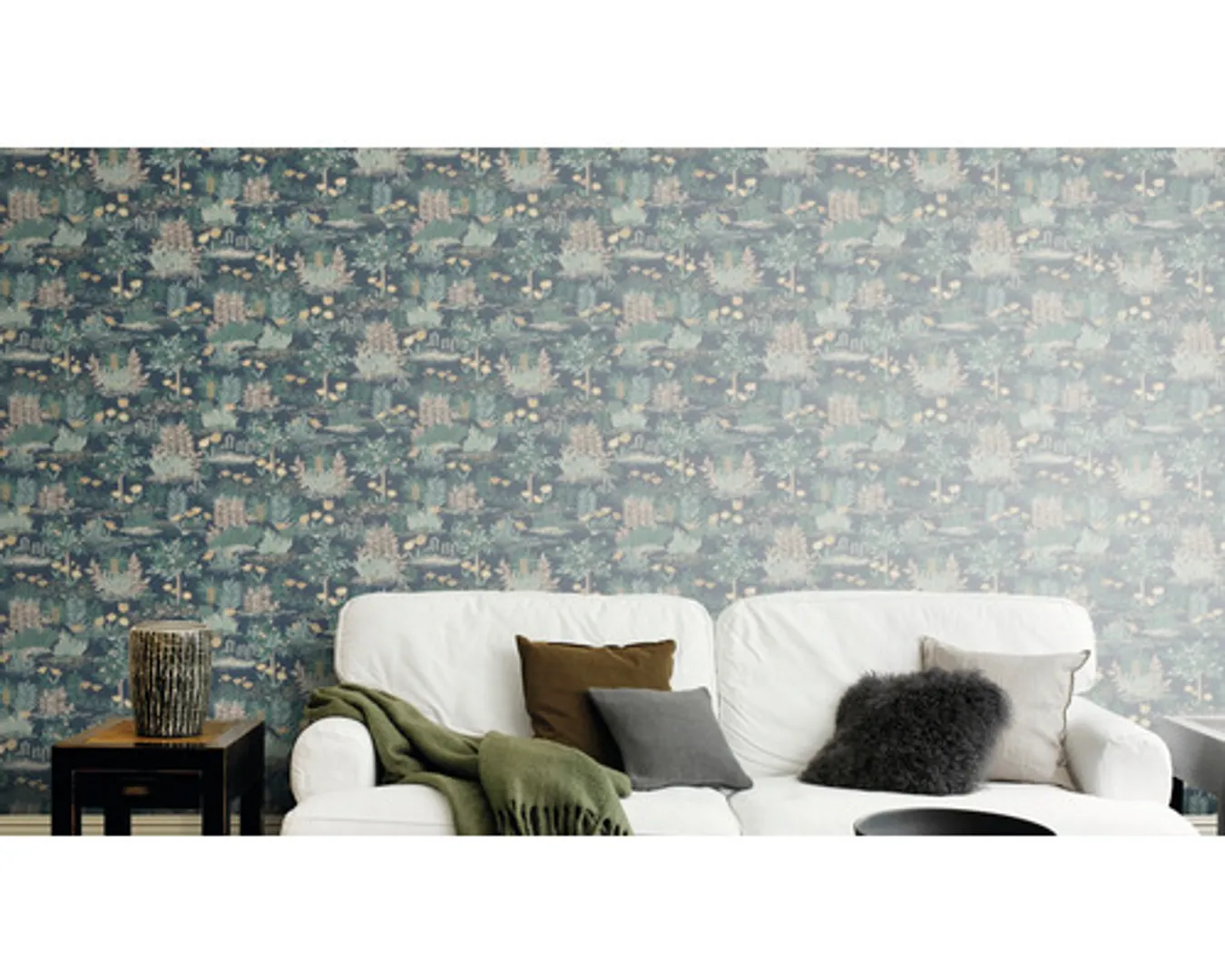 Savana - Parato floreale con alberi e fiori verde petrolio e beige