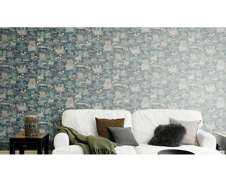 Savana - Parato floreale con alberi e fiori verde petrolio e beige