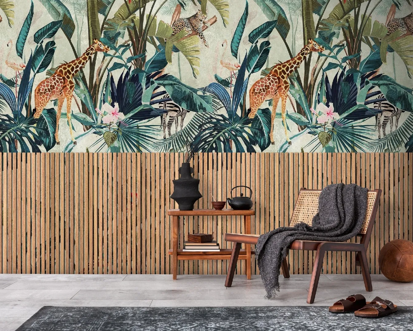Unico - Parato Jungla tridimensionale ripetibile con boiserie dogato. Dimens. L1.59m x H2.80m