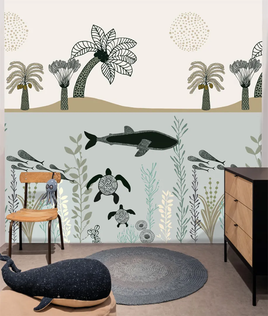 Fiaba - Parato per bambini, stampa ambiente marino dim. L2m x H2.80m. 2 colorazioni