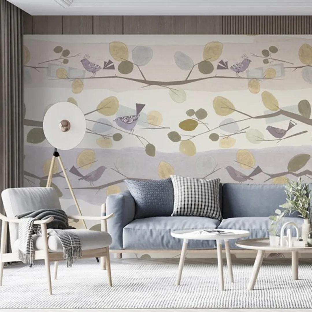 Satin Flowers - Pannello murale astratto con uccellini moderno. Dimensione 5.10m x 3m