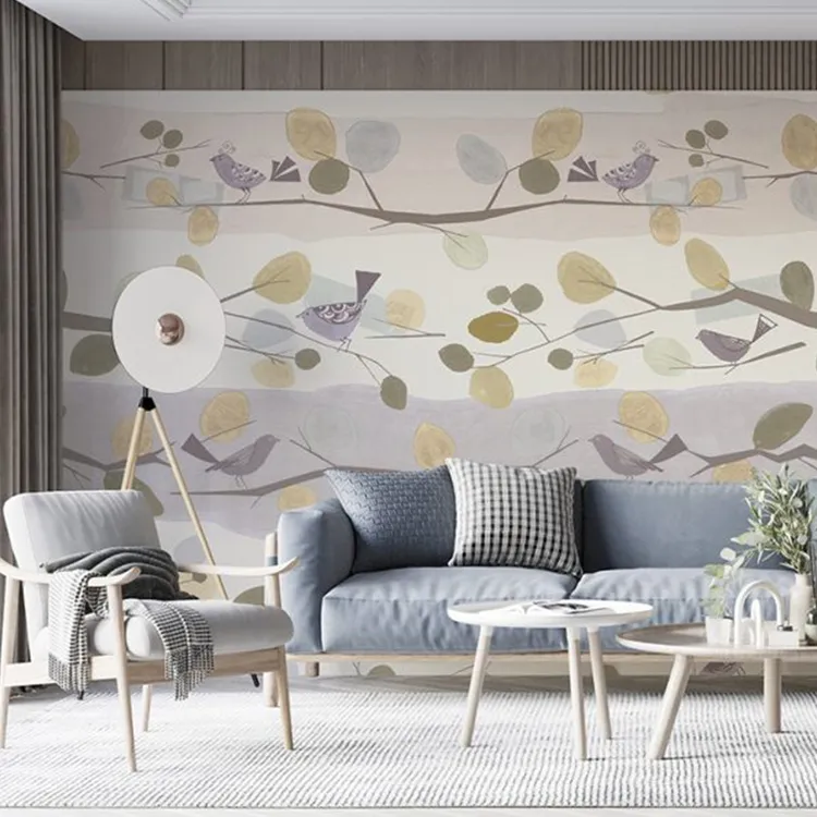 Satin Flowers - Pannello murale astratto con uccellini moderno. Dimensione 5.10m x 3m