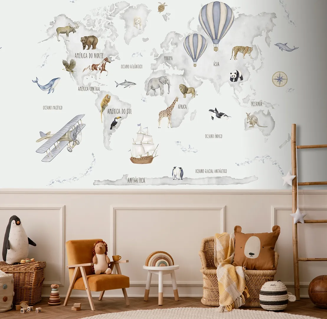 Cute Walls - Parato con Mappa geografica ripetibile per bambini. Dim. H2.80m x L2.12m