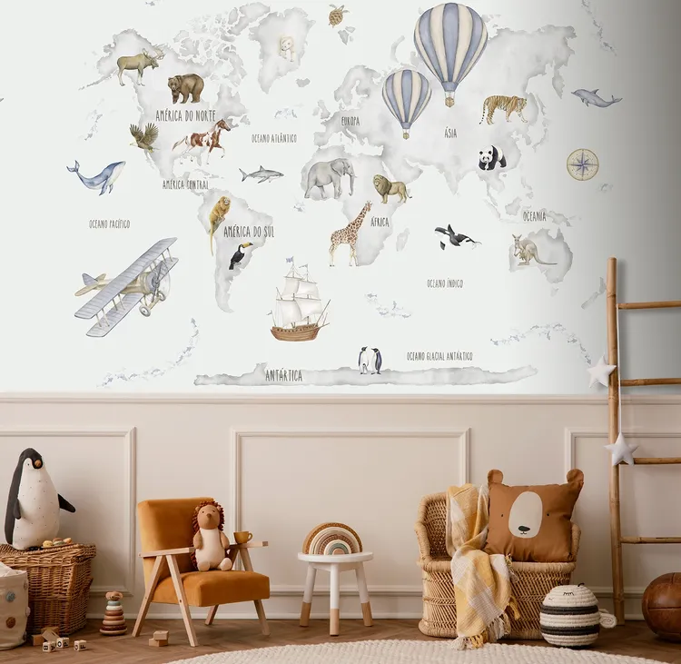 Cute Walls - Parato con Mappa geografica ripetibile per bambini. Dim. H2.80m x L2.12m