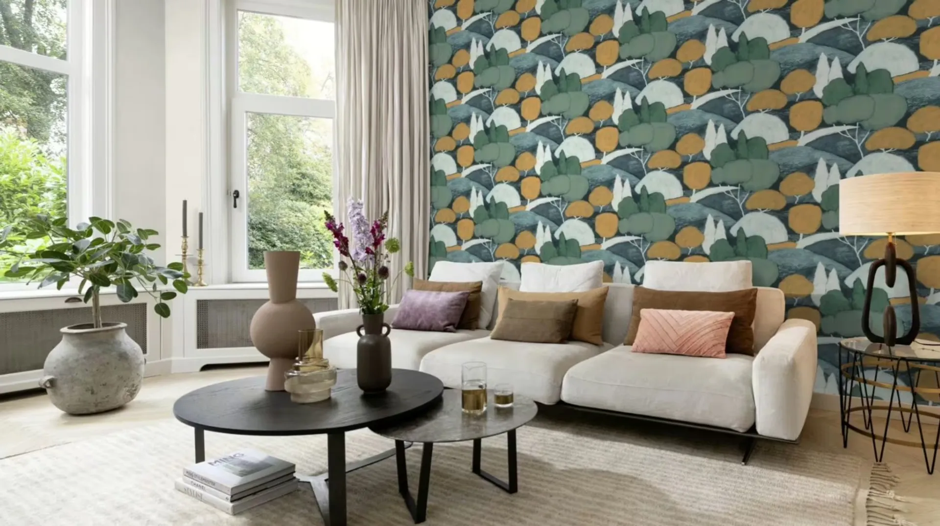 Alida - Parato con stampa alberi colorati per arredo moderno