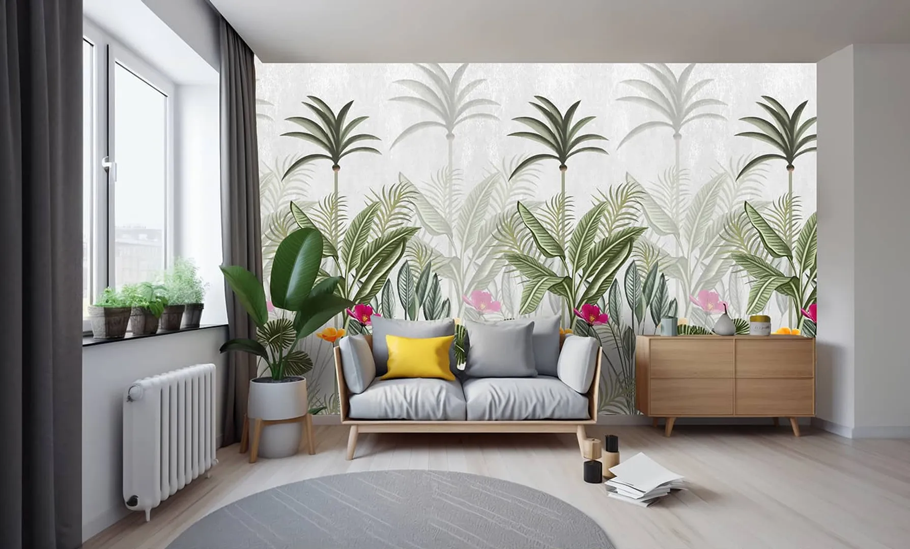 Wonderwall vol1 -  Pannello in carta da parato tropicale, due colori, dimensioni L188cm x H300cm ripetibile