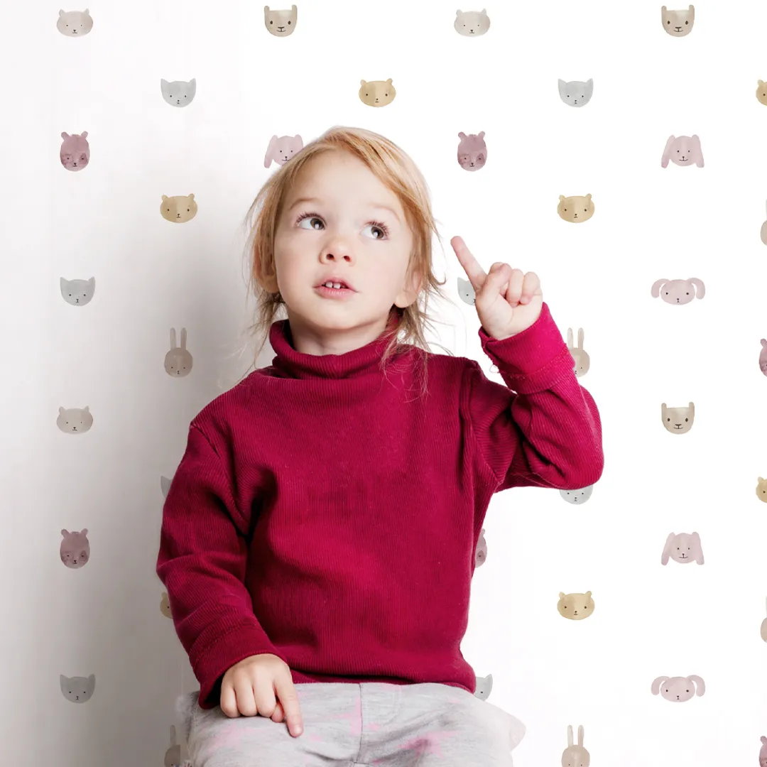 Happy - Carta da parato per camerette con facce di animaletti vari colori