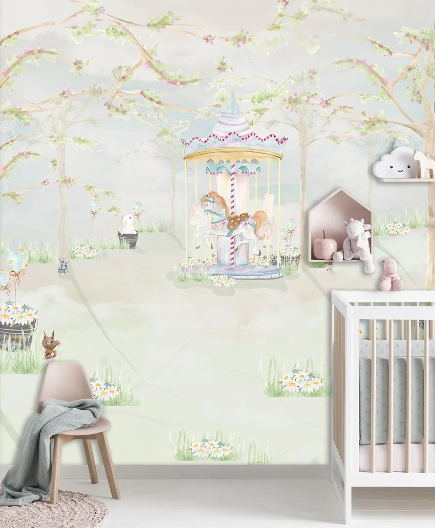 Cute Walls - Parati per bambini con giostre e fiori. Ripetibile. Dim- H2.80m x L2.65m