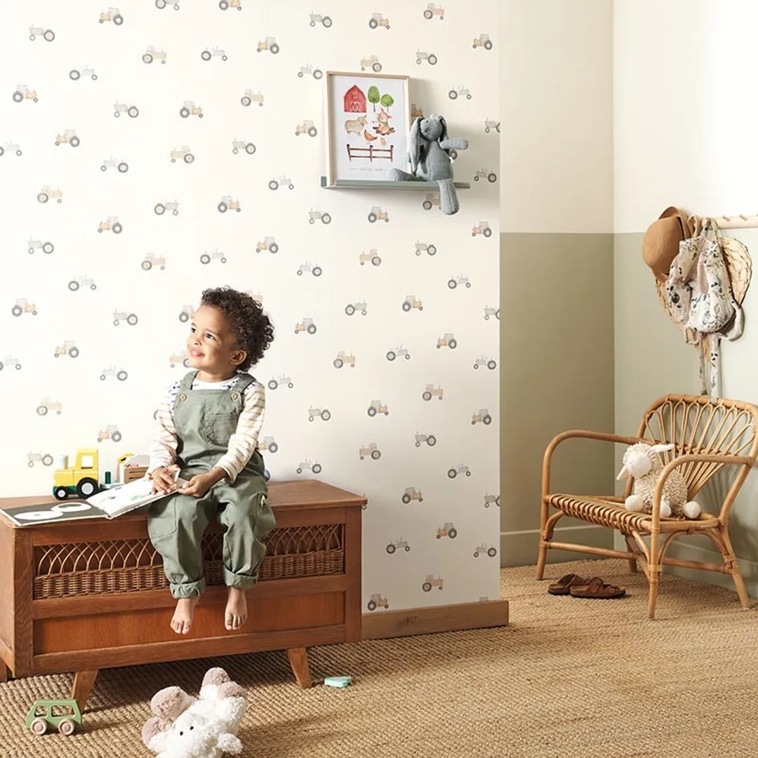 Once upon a time - Parato per bambini con trattori acquerellati in varie colorazioni