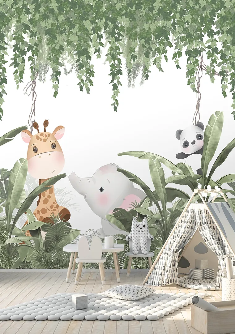 Cute Walls - Parato tropicale con dolci animali per cameretta. Ripetibile. Dim. H2.80m x L2.12m