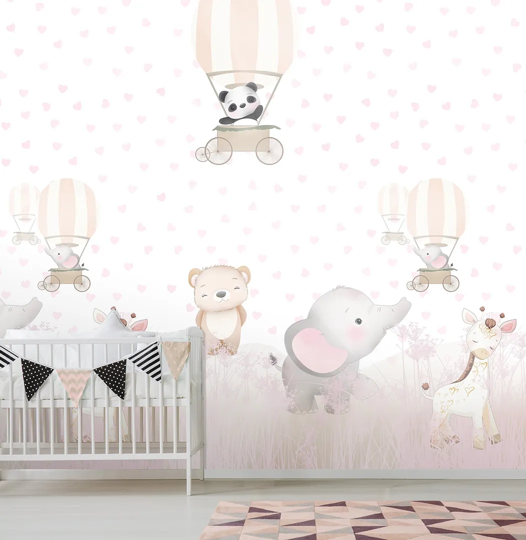 Cute Walls - Parati ripetibili con animaletti e mongolfiere. Dim. H2.80m x L2.12m