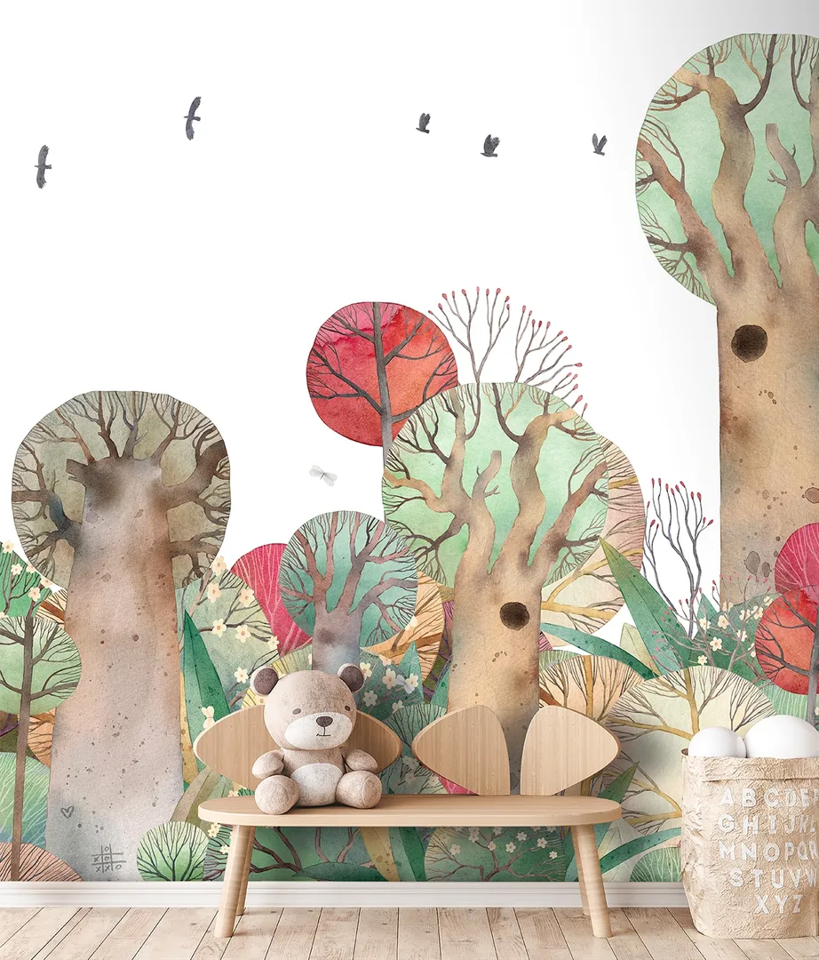 Cute Walls - Carta parato bosco ripetibile per bambini in due colorazioni. DIm. H2.80m x L2.65m