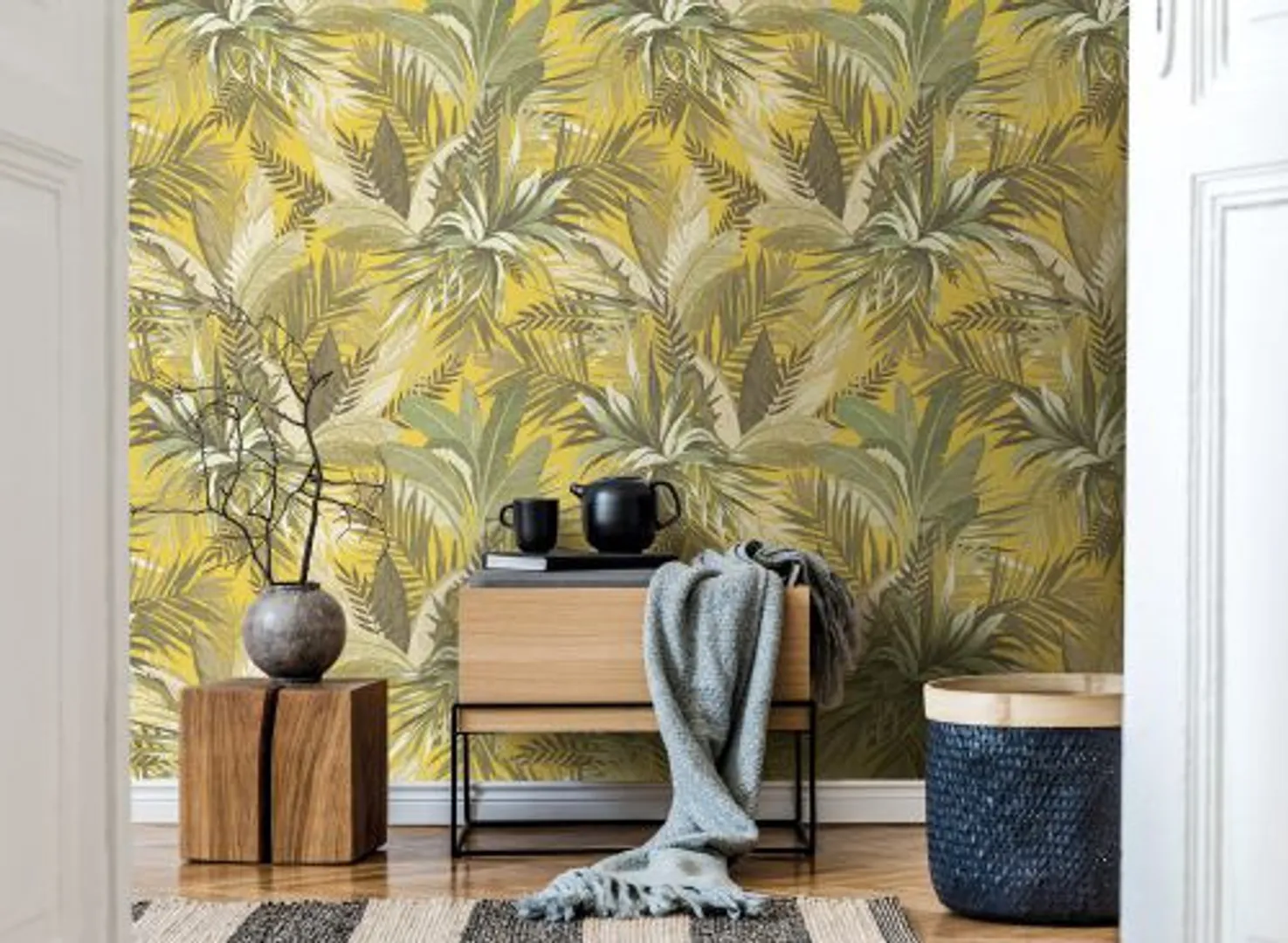 Lemuria - Parato tropicale con foglie in varie colorazioni trama tessuto