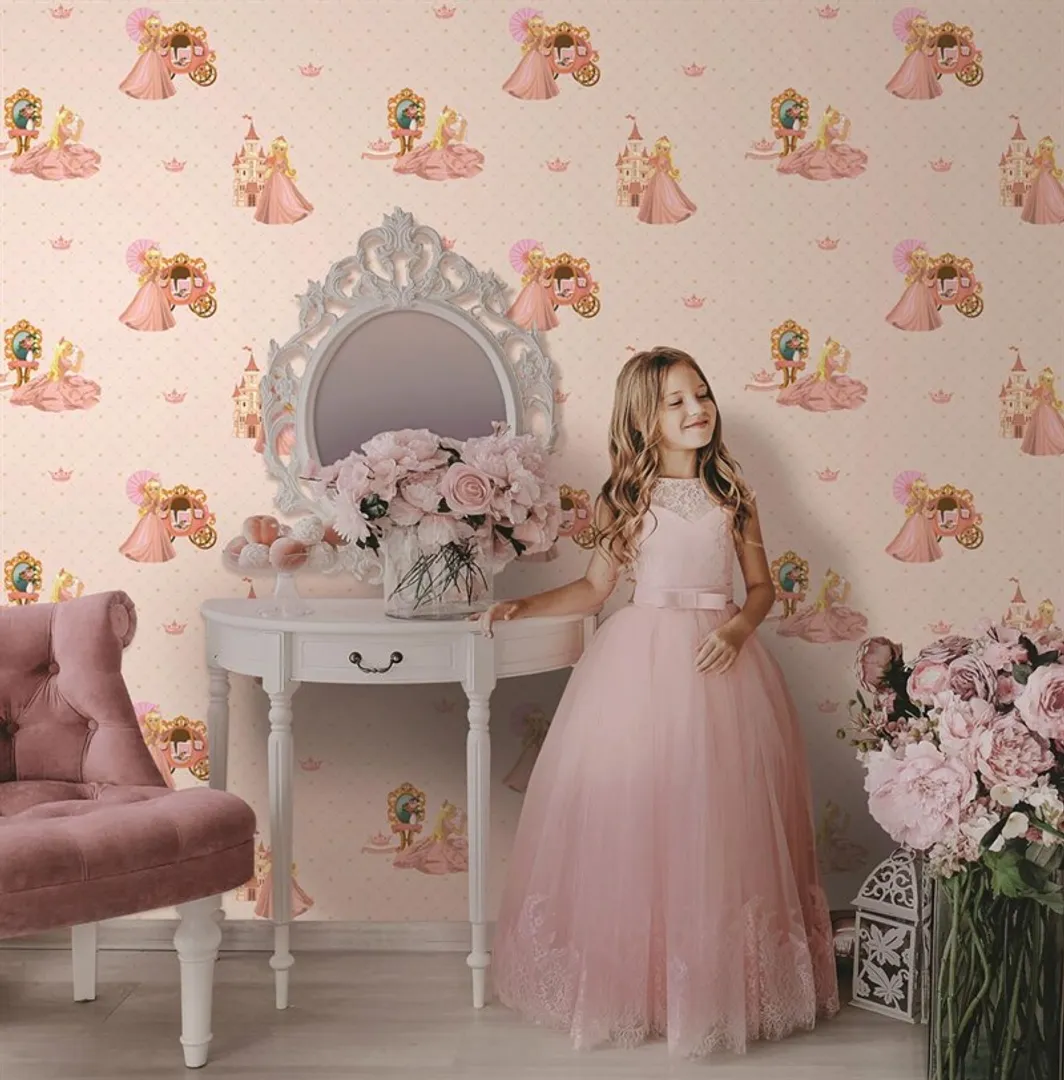 Ada Kids - Carta da parato bambine con principesse in due referenze di colore. Rotoli grandi il doppio
