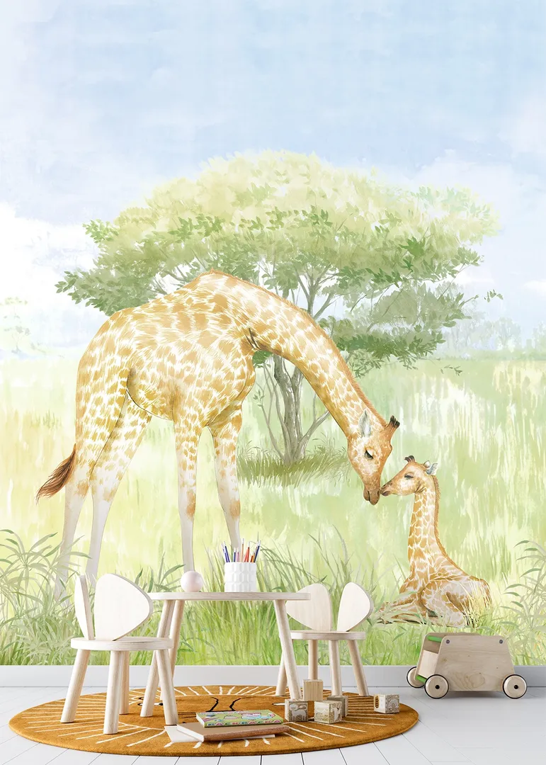Cute Walls - Parato giungla con famiglia giraffe per camerette. Ripetibile dim. H2.80m x L2.12m