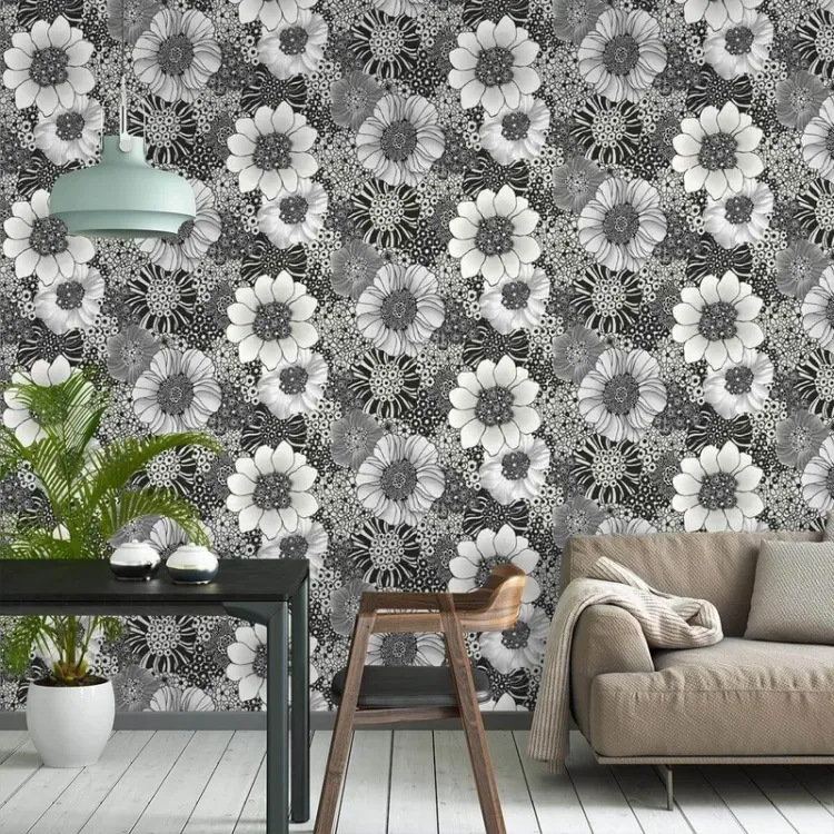Missoni 01 - Pannello floreale argento e nero dim. 6.60m x 1.04m