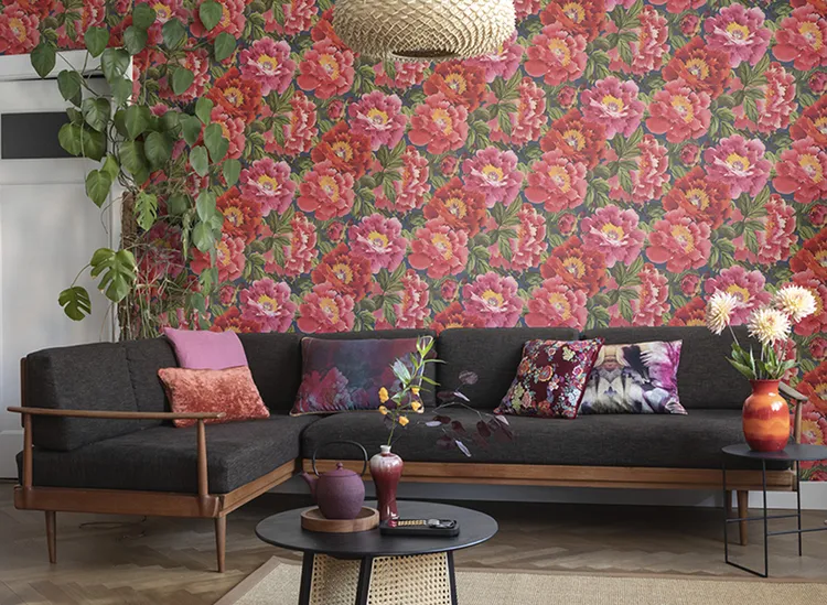 Haori - Carta da parato in stile giapponese con fiori grandi e trama effetto tessuto in più colori.