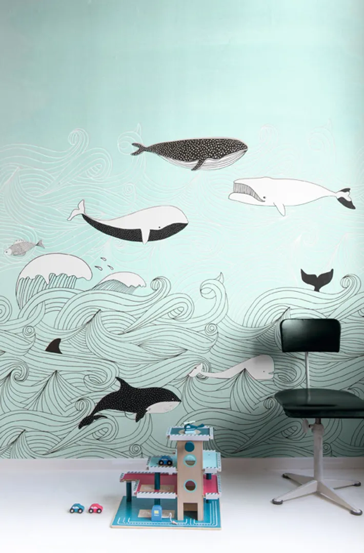Fiaba - Carta da parato cameretta bambino con disegno balene. 2 colori dim. 2m L x 2.80 H