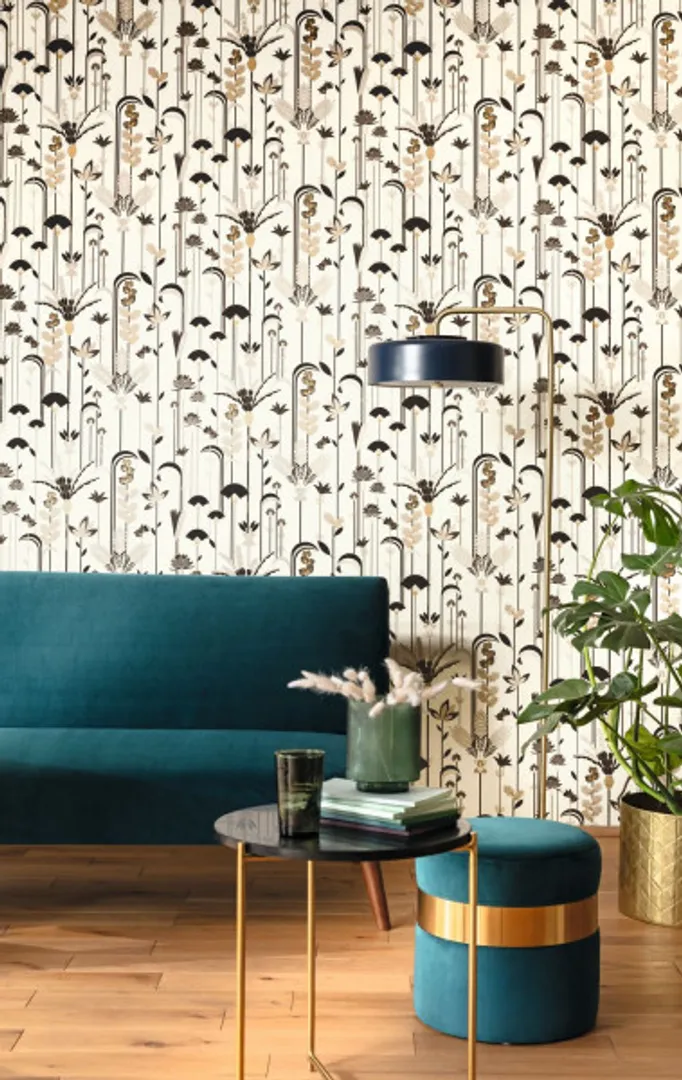 Labyrinth - Parato floreale con riflessi dorati con fiori stilizzati geometrici