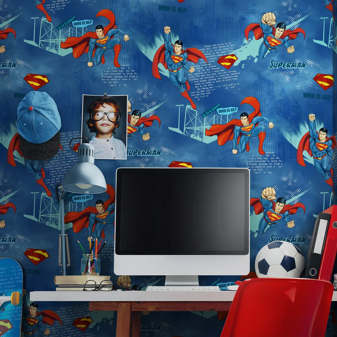 Ada Kids - Carta da parati bambini e ragazzi con Superman in vinile lavabile. Rotoli grandi il doppio