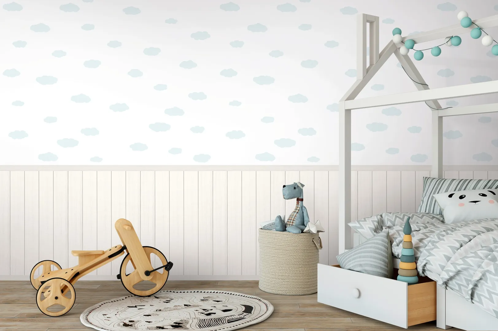 Unico - Carta da parato ripetibile con nuvole in diversi colori con boiserie. Dim. L1.59m x H2.80m
