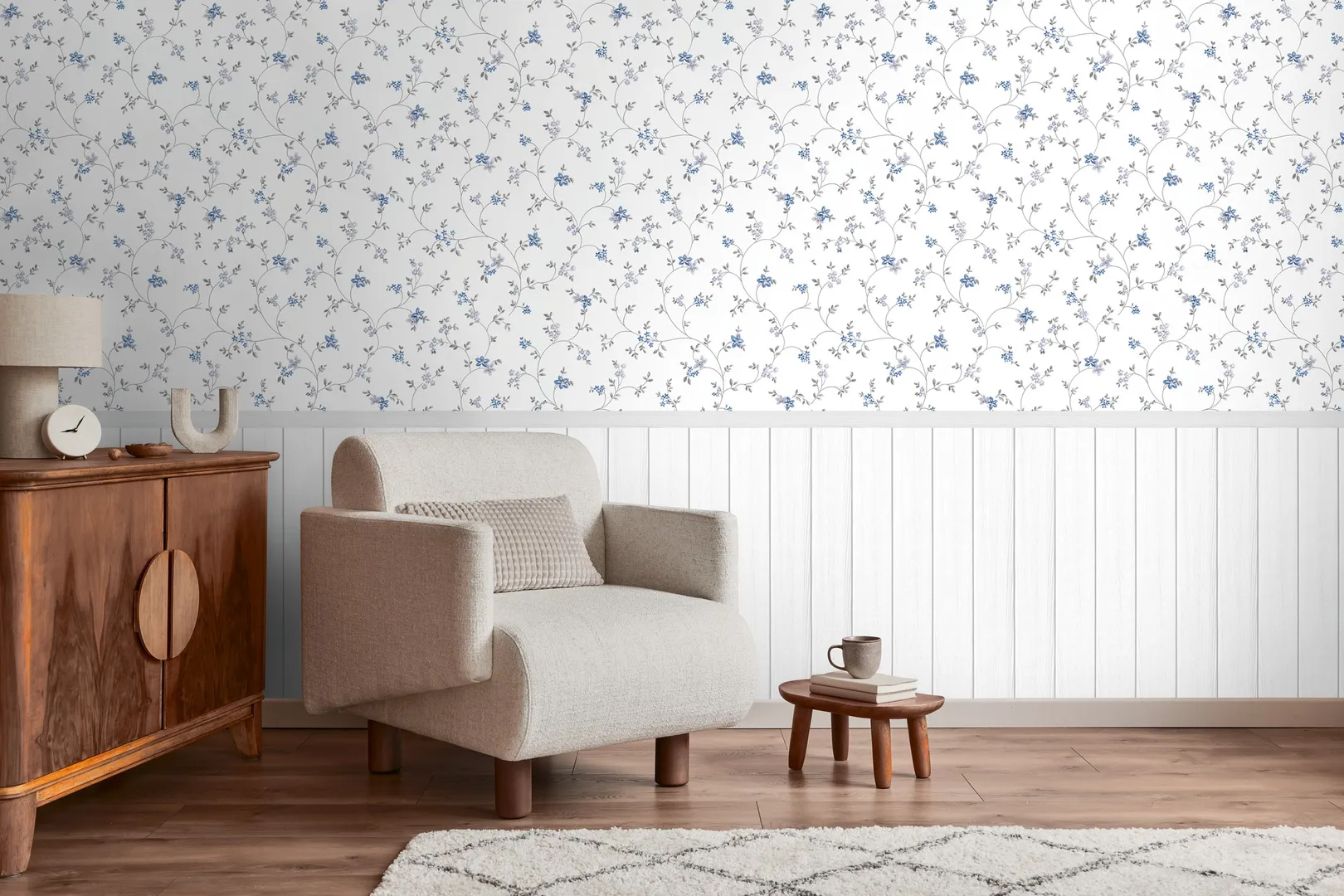 Unico - Parati boiserie floreali shabby ripetibile, 2 colorazioni. Dim. L1.59m x H2.80m