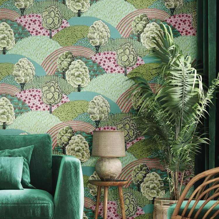 Blooming Garden - Carta da parato disegno paesaggio floreale trama effetto tessuto