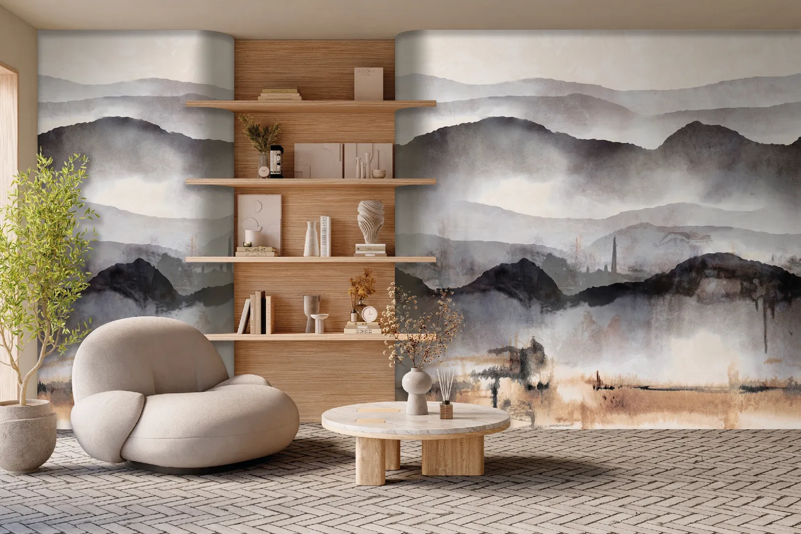 Feature Walls - Carta da parato paesaggio acquarellato 2 colorazioni. Ripetibile, dim. H2.80m x L2.12m