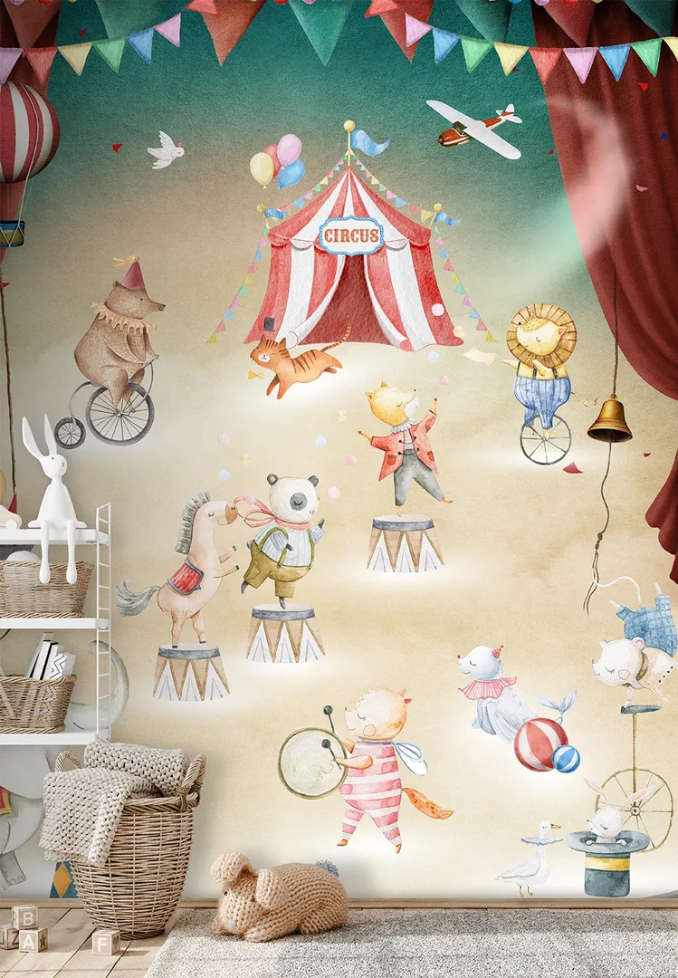 Cute Walls - Carta parati bambino con circo ed animaletti. Ripetibile dim. H2.80m x L2.12m