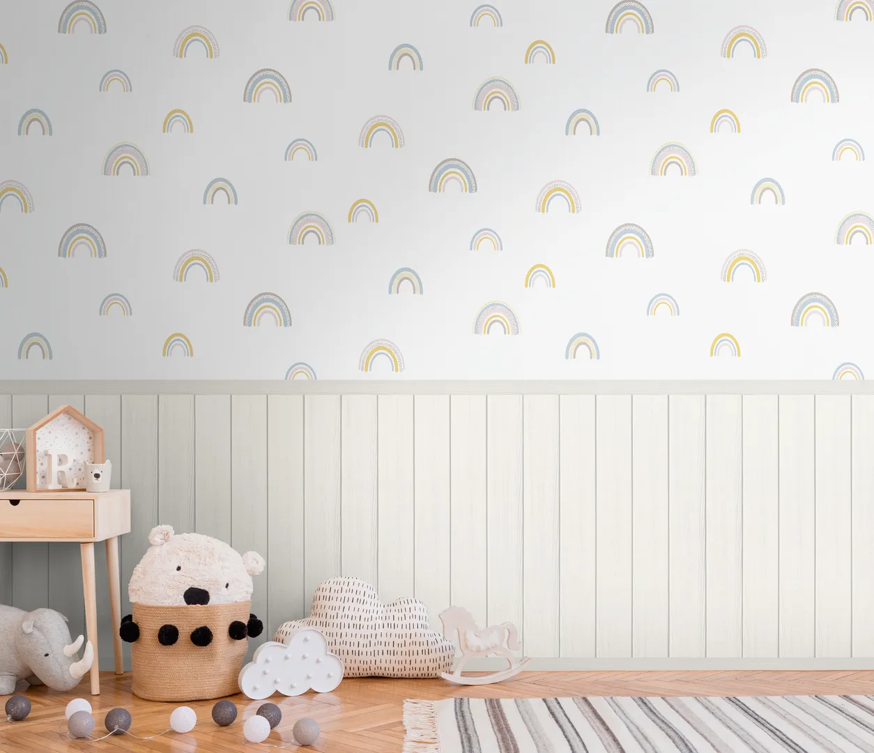 Unico - Parato bambini con boiserie ed arcobaleni. Ripetibile dim. L1.59m x H2.80m