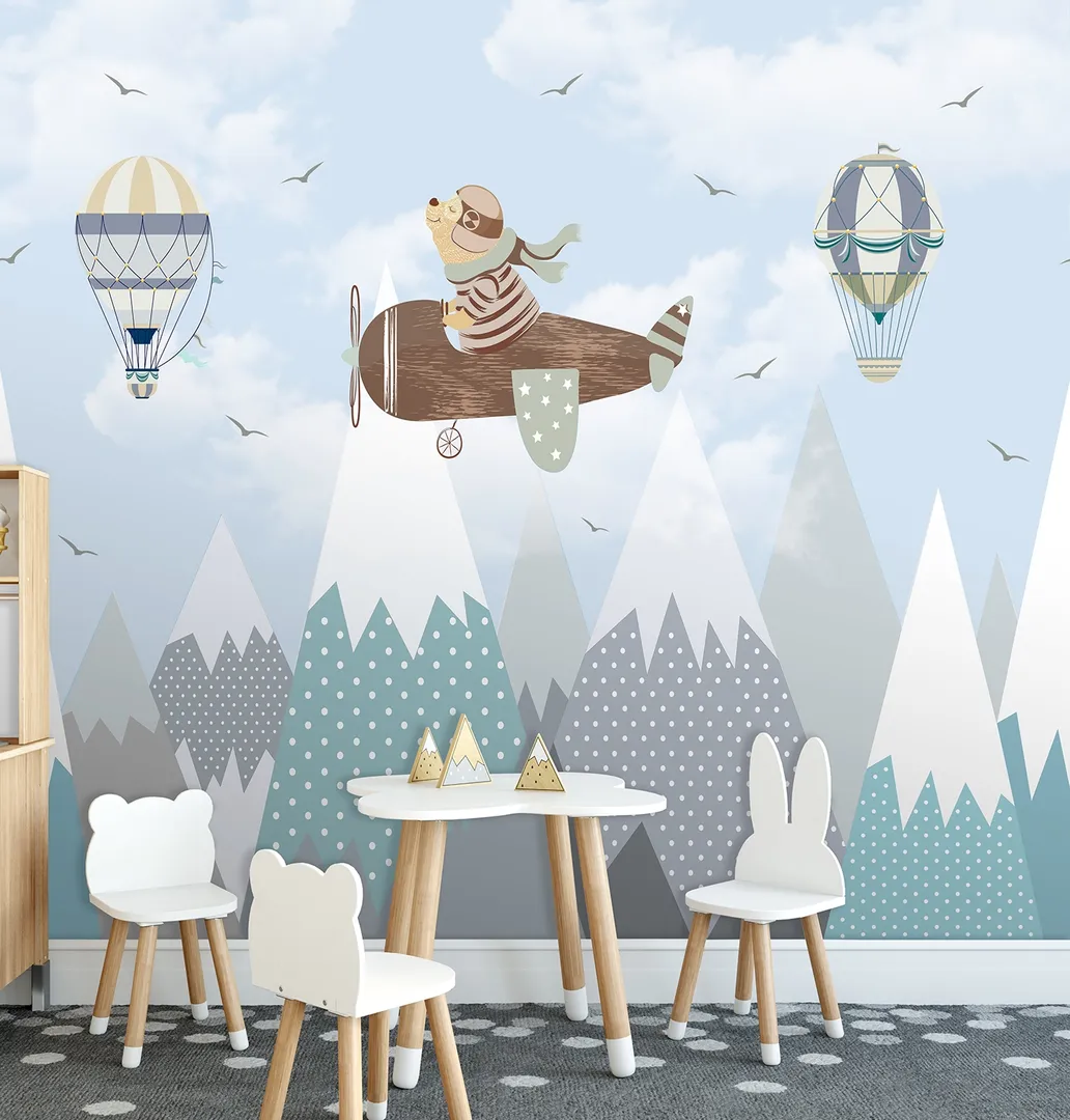 Cute Walls - Carta parato per bambini con paesaggio e mongolfiere. Ripetibile. Dim. H2.80m x L3.18m