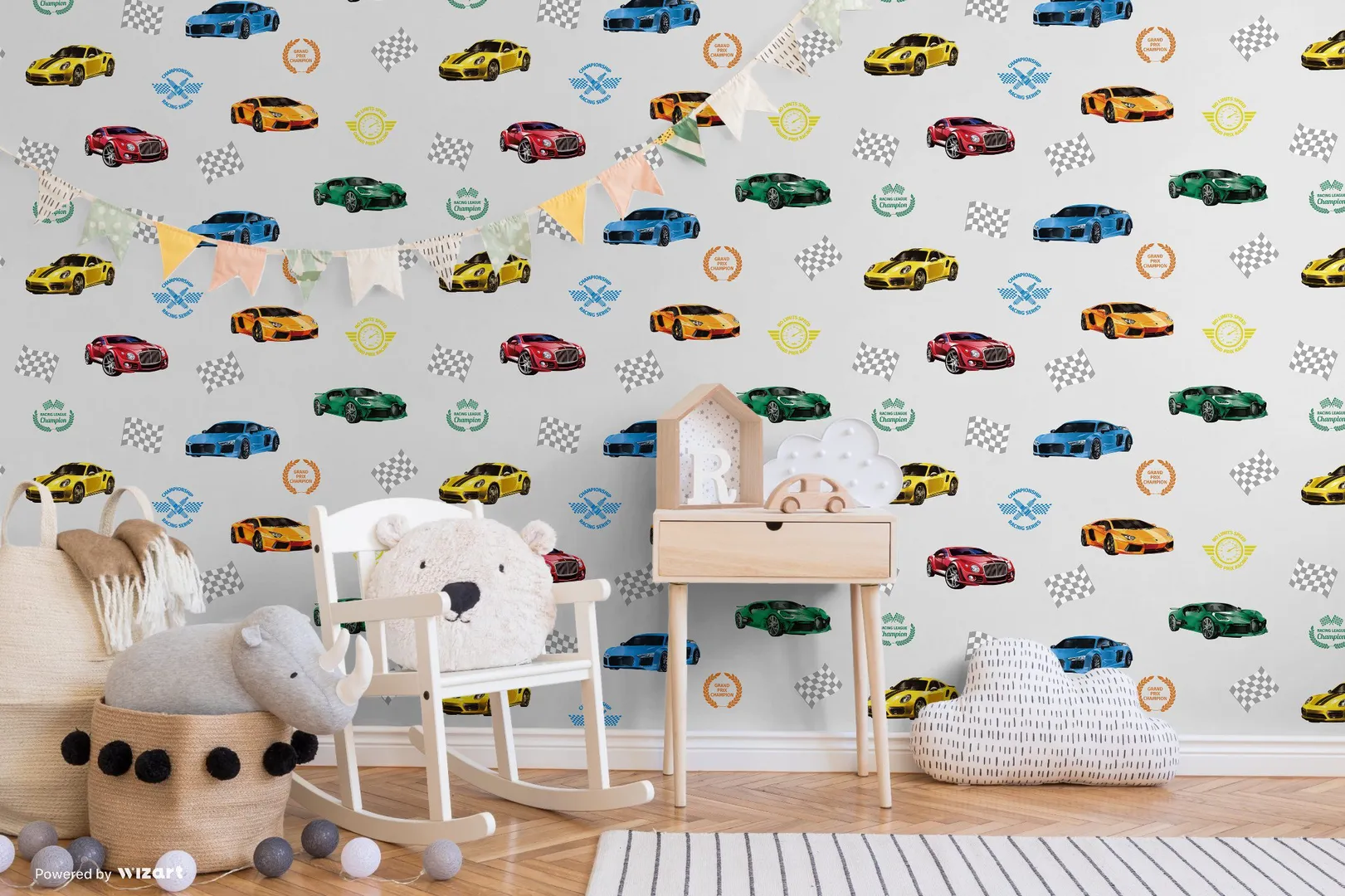 Ada Kids - Carta da parato con super cars in due colorazioni. Rotoli grandi il doppio