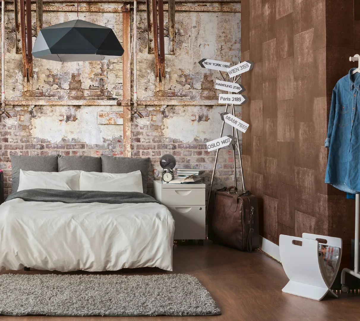City Shapes - Parato stile industriale con stampa muro vecchio. Dim. L1.59m x H2.80m
