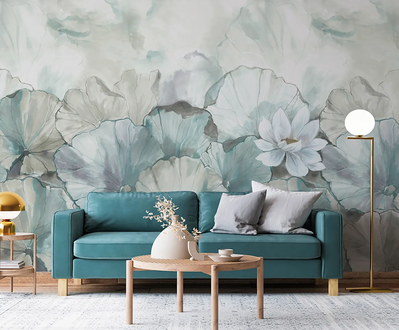 Satin Flowers - Pannello murale floreale Ninfee per ambienti contemporanei e moderni. Dimensione 5.10m x 3m