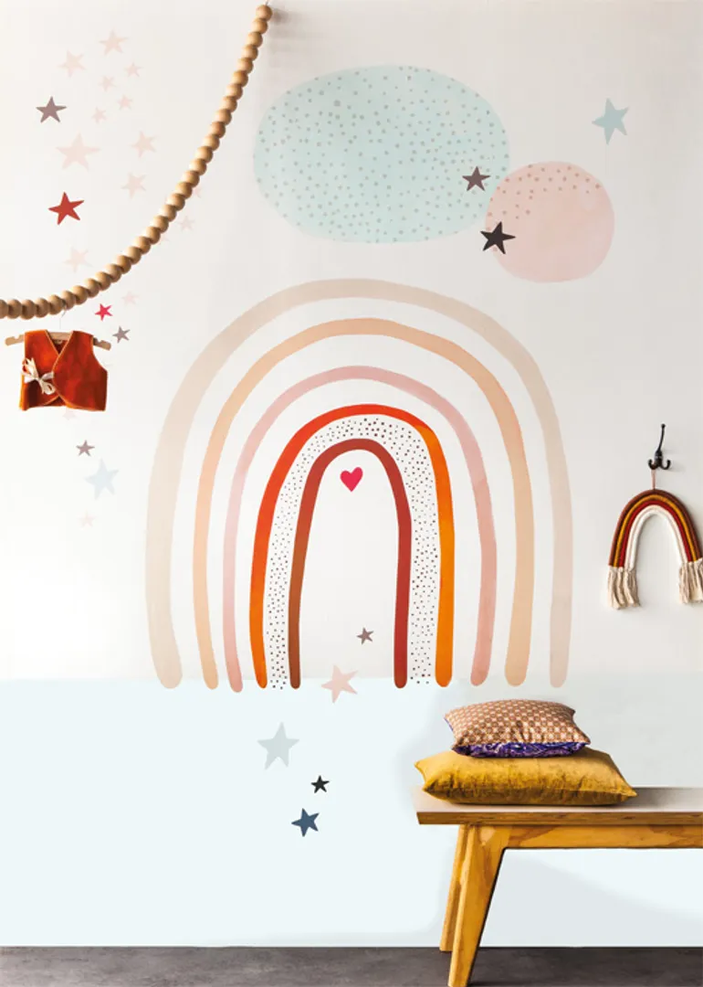 Fiaba - Carta da parato bambini stampa arcobaleno in due colorazioni. Dim L2m x H2.8m