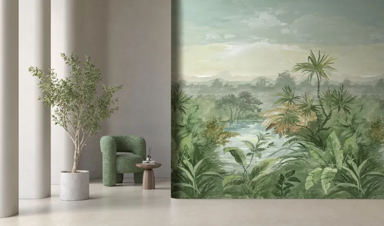 Feature Walls - Carta parato paesaggio tropicale effetto pittorico ripetibile. Dim. H2.80m x L2.12m